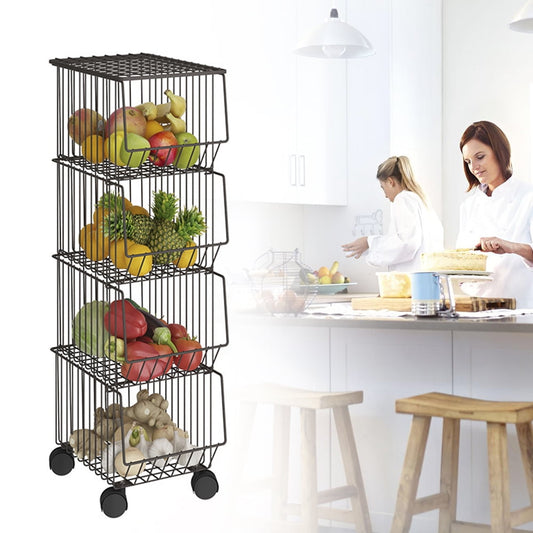 Miumaeov 4-Layer Vegetable Fruit Bowls Rack Basket Rolling Cart Stand with Wheels and Cover